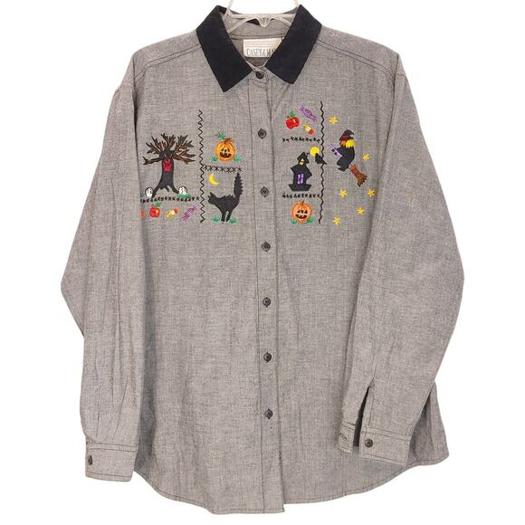 Casey & Max Long Sleeve Shirt Button Up Top Halloween Vintage Gray Womens Large - Picture 1 of 9